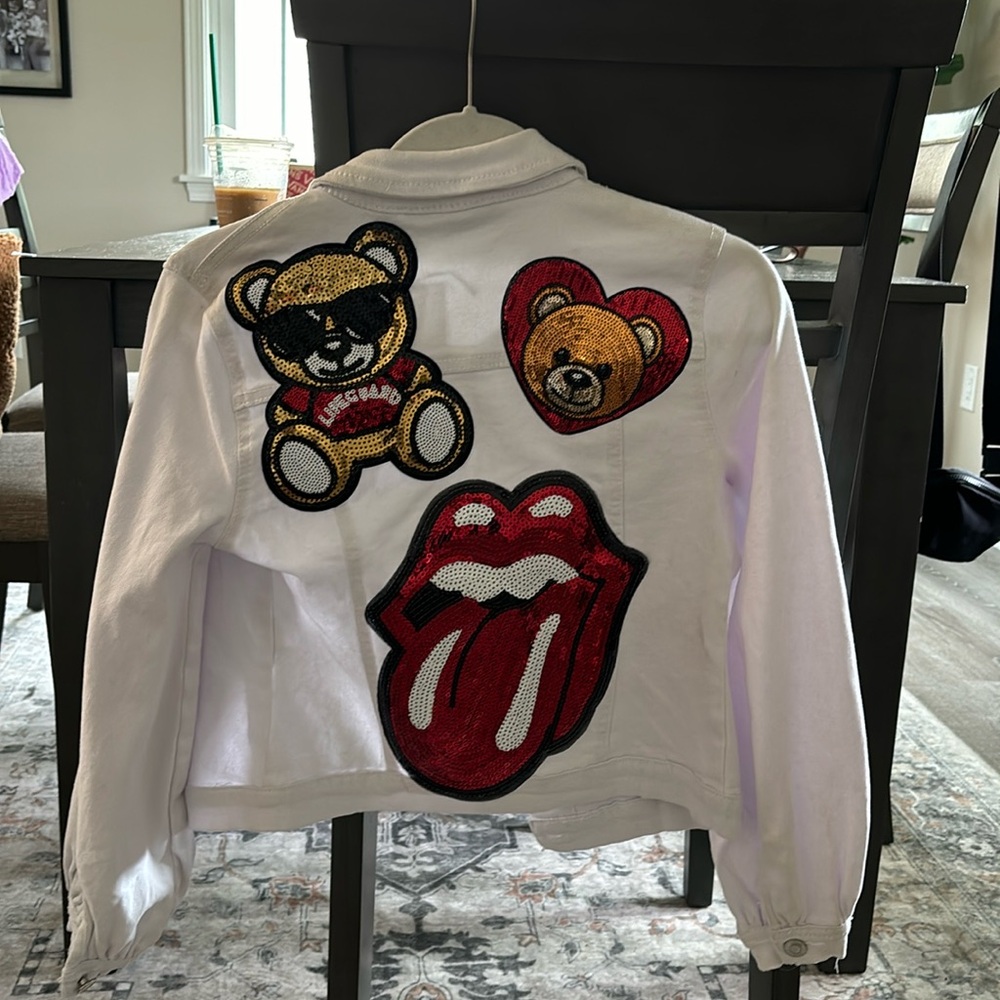 White Jean Jacket with Bear and Tongue Patches